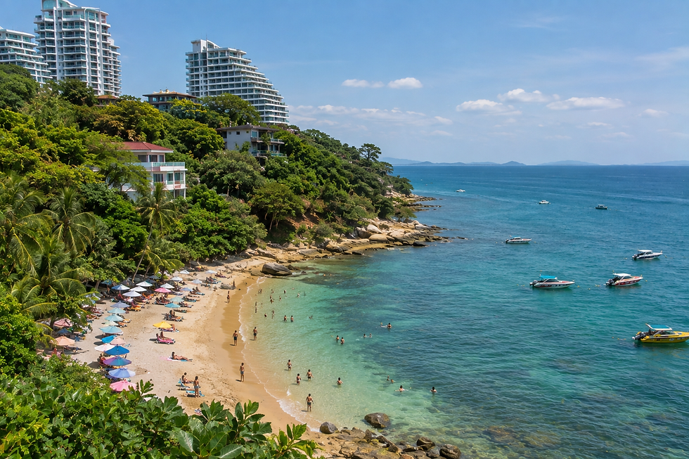 Cosy Beach Pattaya with sandy cove, swimmers, tropical vegetation, boats and Pratumnak hillside