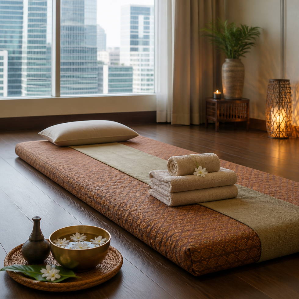 Traditional Thai massage room in Silom, Bangkok, with a floor mat, folded towels and jasmine flowers near city towers.