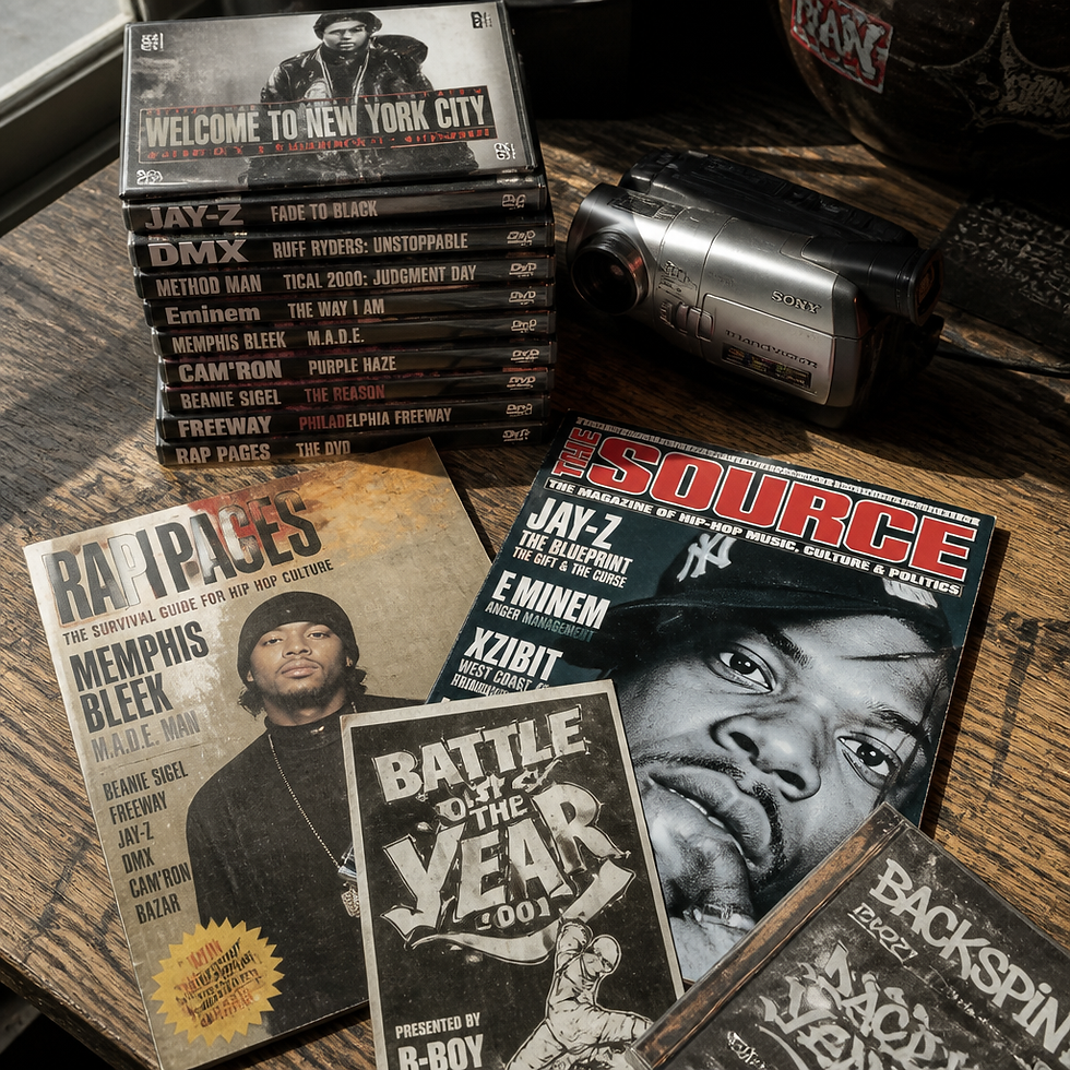 Vintage street DVDs and camcorder displayed on wooden surface with hip hop magazines
