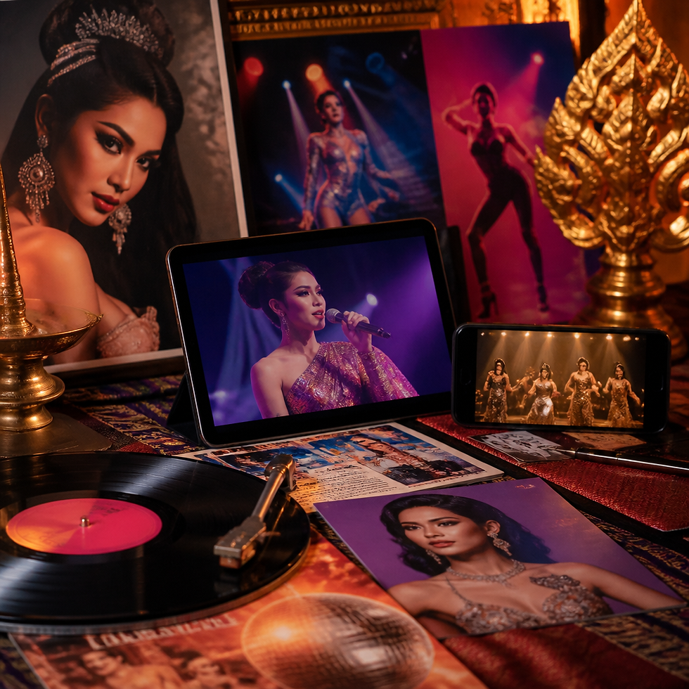 Collection of Thai music media, vinyl records, and entertainment content celebrating kathoey in Thai pop culture and music