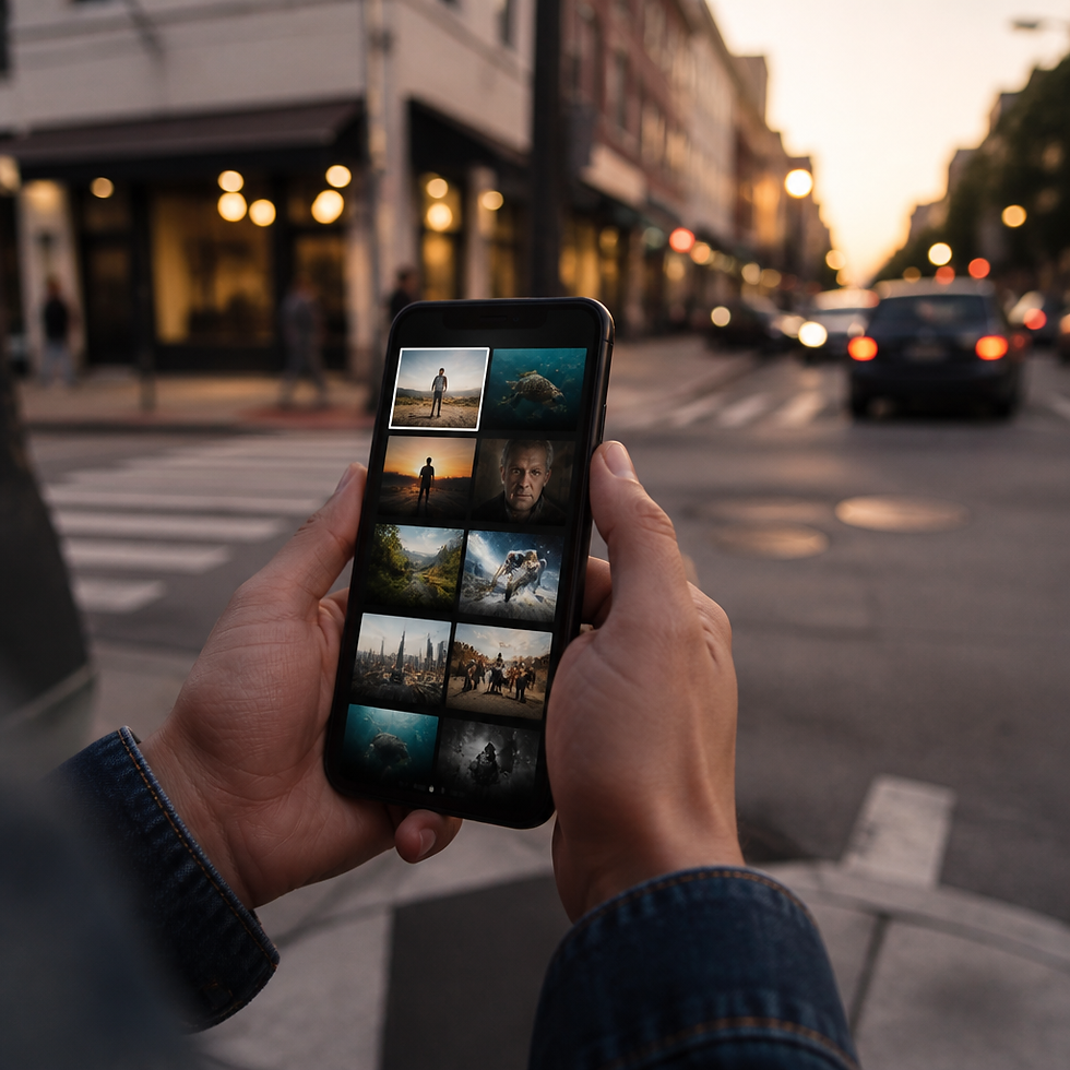 Hands holding a smartphone on a city street at dusk, browsing a streaming app's documentary thumbnails for a hood box office free preview.