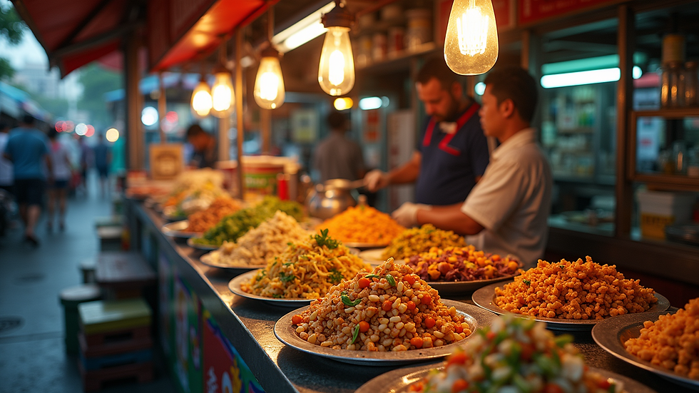 High angle view of a colorful Thai street food stall with various dishes