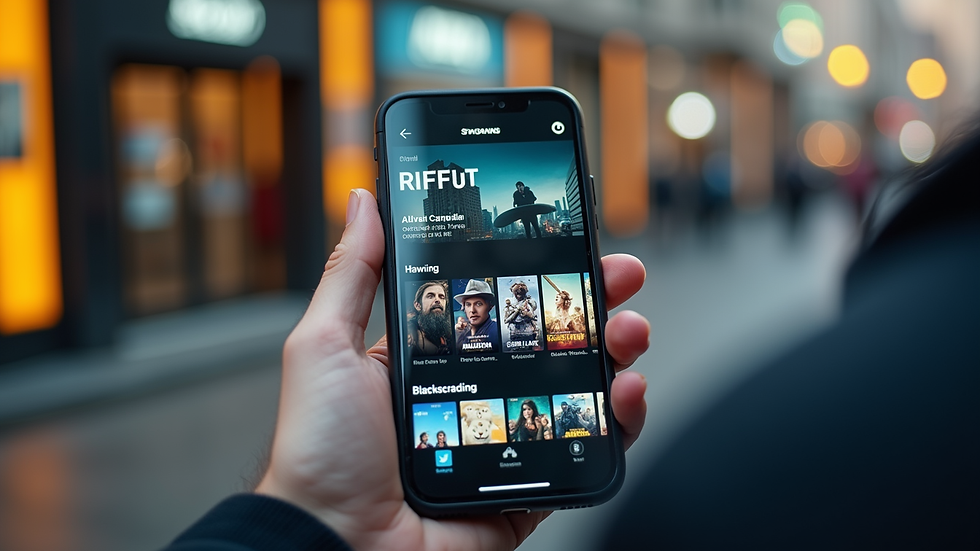 Close-up view of a smartphone screen showing a streaming app with urban movie thumbnails