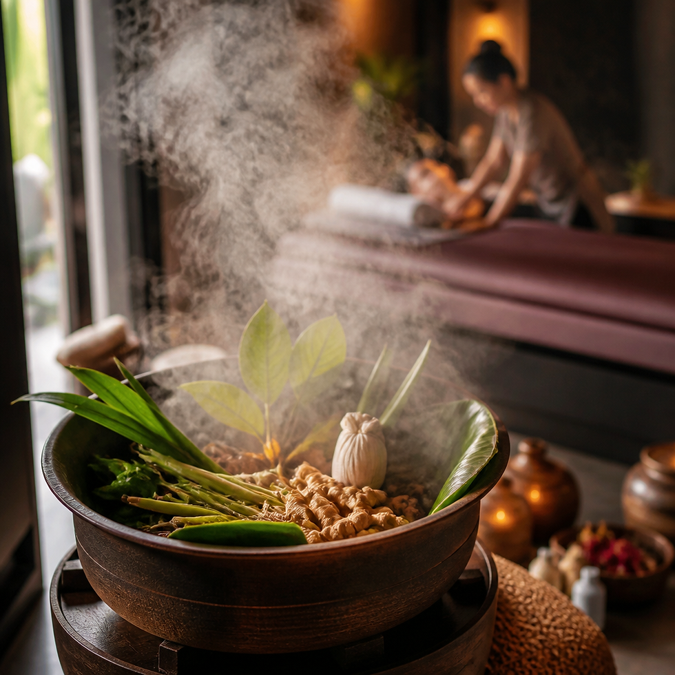 Traditional Thai herbal steam therapy with medicinal herbs releasing therapeutic mist in a wellness setting