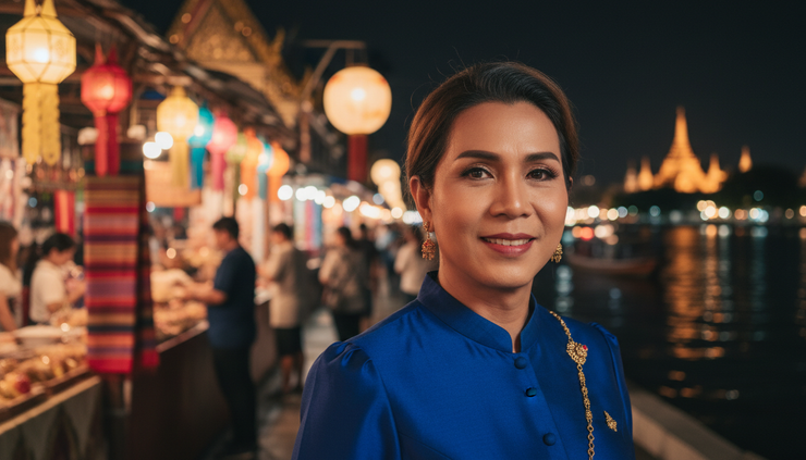 Close-up view of an adult Thai transgender woman standing near a riverside night market in Bangkok.