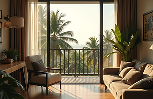 Apartment balcony in Pattaya overlooking palm trees