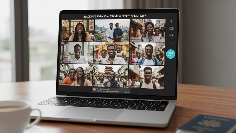 Eye-level view of a laptop screen showing a virtual meetup with diverse participants