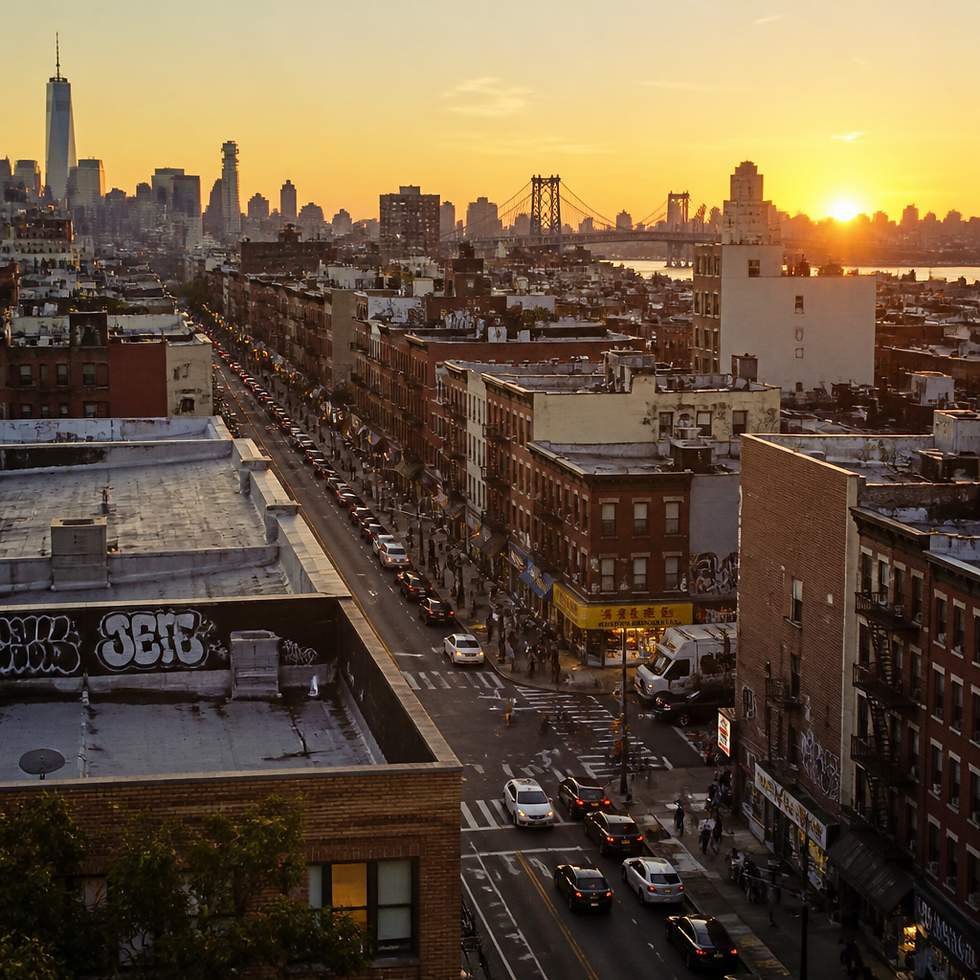 Panoramic view of urban neighborhood rooftops during sunset