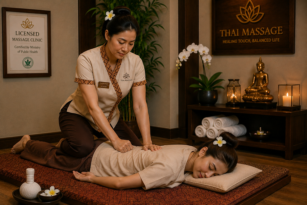 Licensed Thai massage therapist performing traditional Thai pressure point therapy on a client in a clean, professional massage clinic.