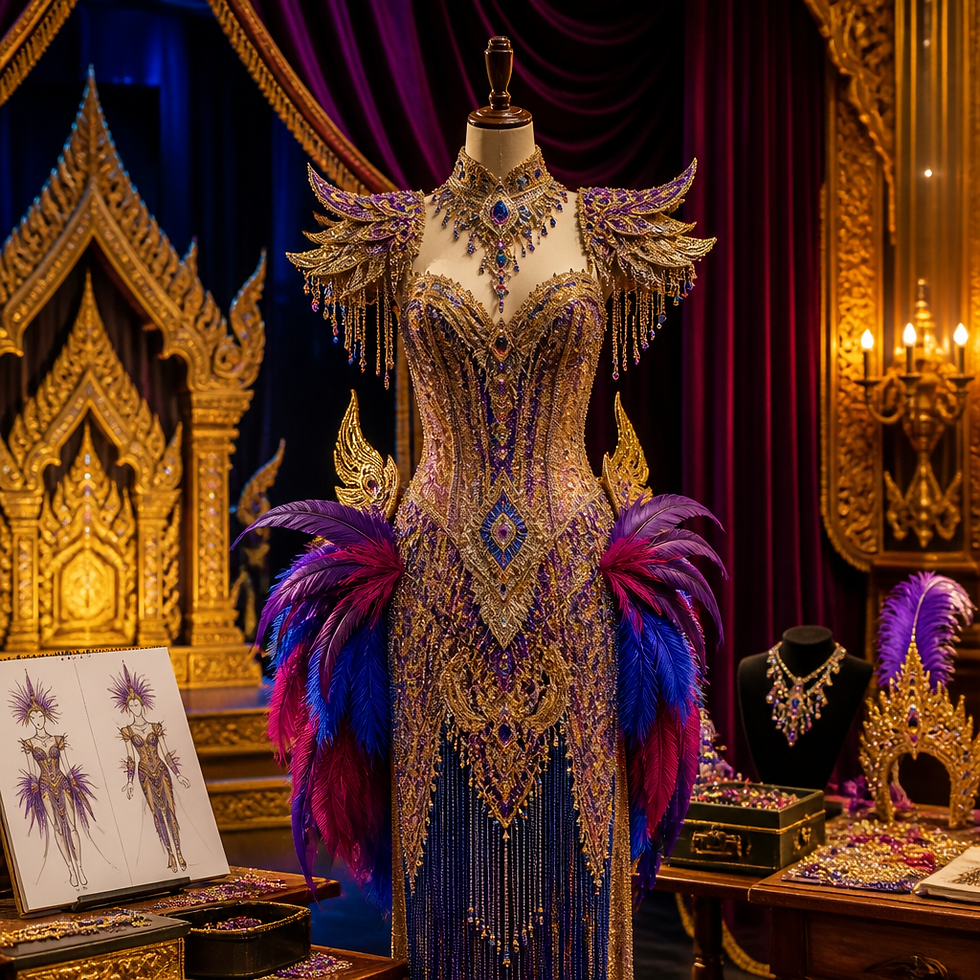 Ornate theatrical cabaret costume on display with dramatic stage lighting and Thai-inspired design elements