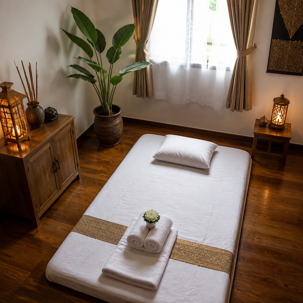 Traditional Thai massage therapy room with mat, lanterns, and clean linens