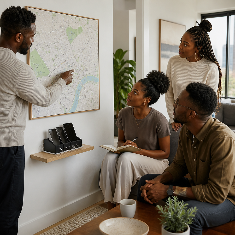 Expat friends gathered around a city map planning check-in routines and communication for a crisis abroad