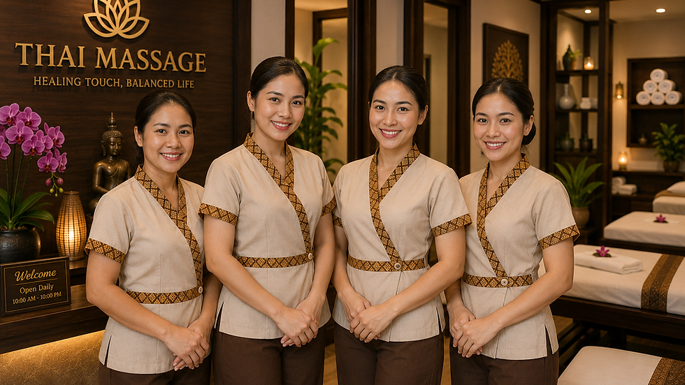 Professional Thai massage therapists wearing matching clinic uniforms inside a clean, licensed Thai massage clinic.