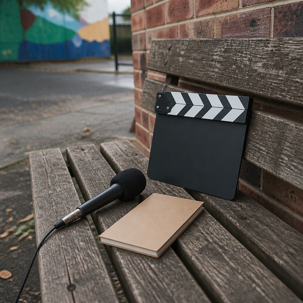 Microphone and notebook resting on a bench in a quiet urban space, representing unfiltered hood documentary care.