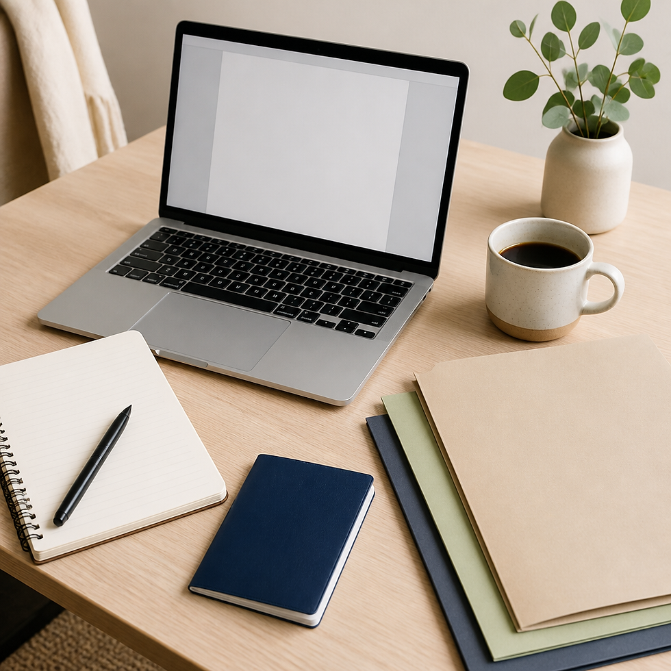 Desk flat-lay with laptop, notebook and folders prepared for an English teaching job application in Vietnam