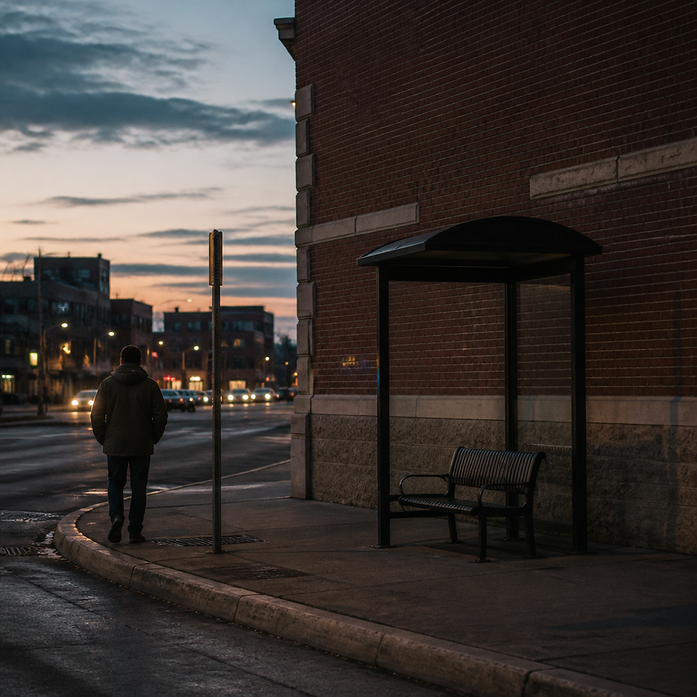 Dusk street corner with a brick wall and bus bench, evoking the street-level setting of informal agreements.