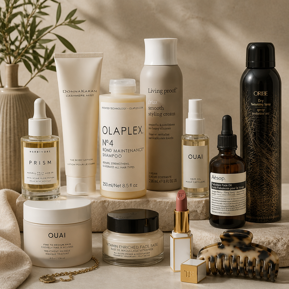 Collection of beauty and hair care products displayed in artistic arrangement