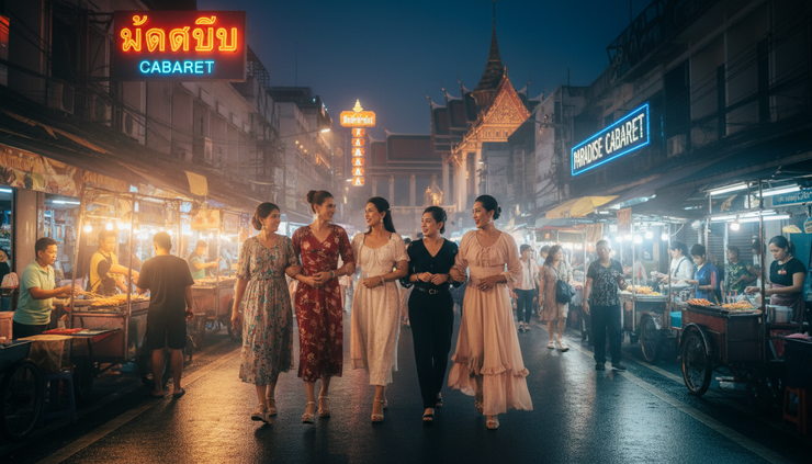 Wide-angle view of adult Thai transgender women walking through a Bangkok night street with temple details in the background.