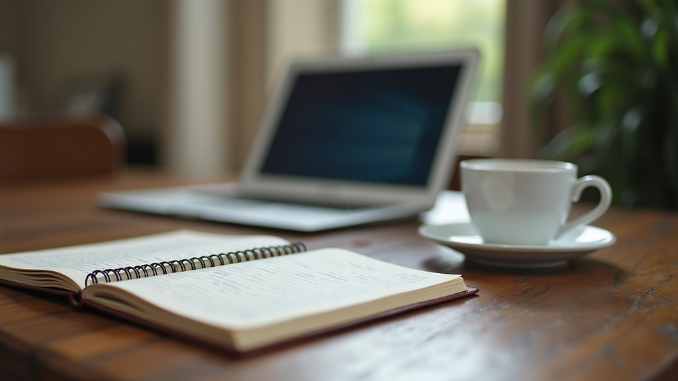 Close-up view of a laptop and travel journal on a wooden table with a coffee cup
