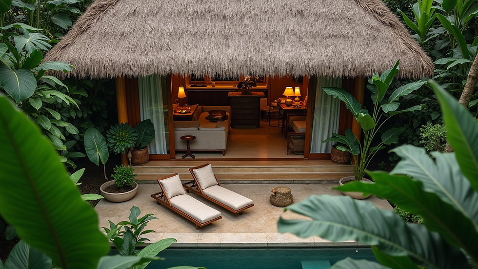 High angle view of a cozy Bali guesthouse with tropical plants
