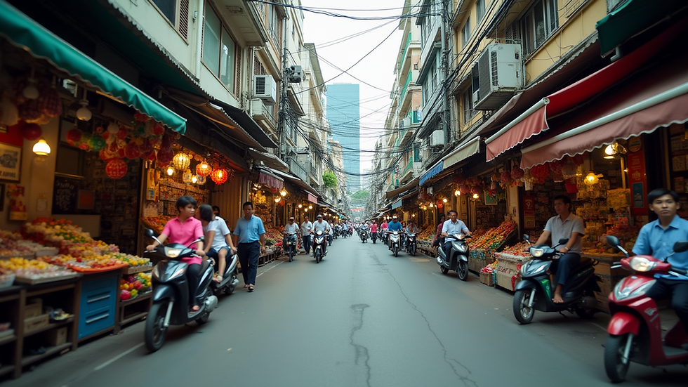 Eye-level view of a busy Bangkok street with colorful market stalls