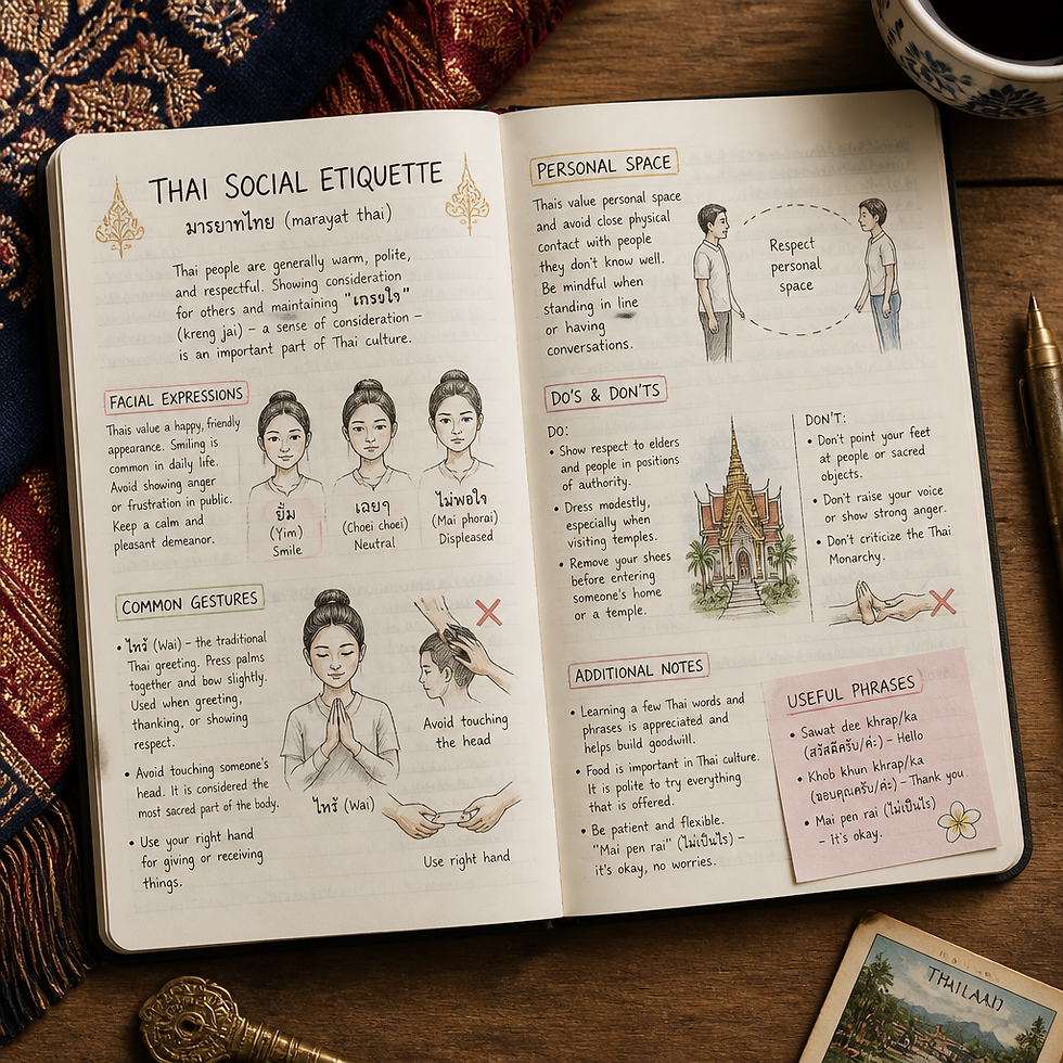Travel journal with notes and diagrams exploring Thai body language and social cues