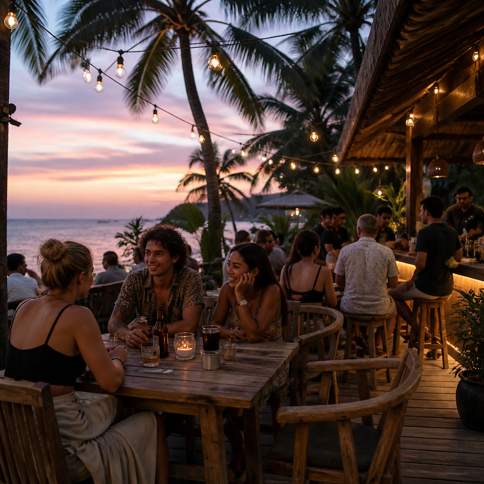 Open-air Phuket bar terrace at dusk with string lights, small groups chatting over drinks at wooden tables.