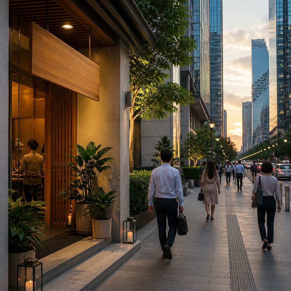 Evening street in Bangkok's Sathorn business district with office towers and a quiet spa entrance.