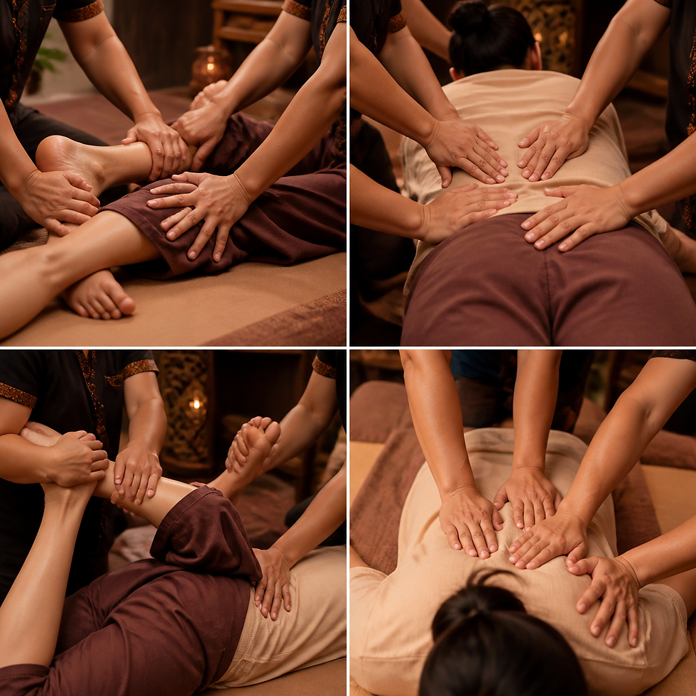 Detailed view of synchronized hand techniques during four-hand Thai massage treatment