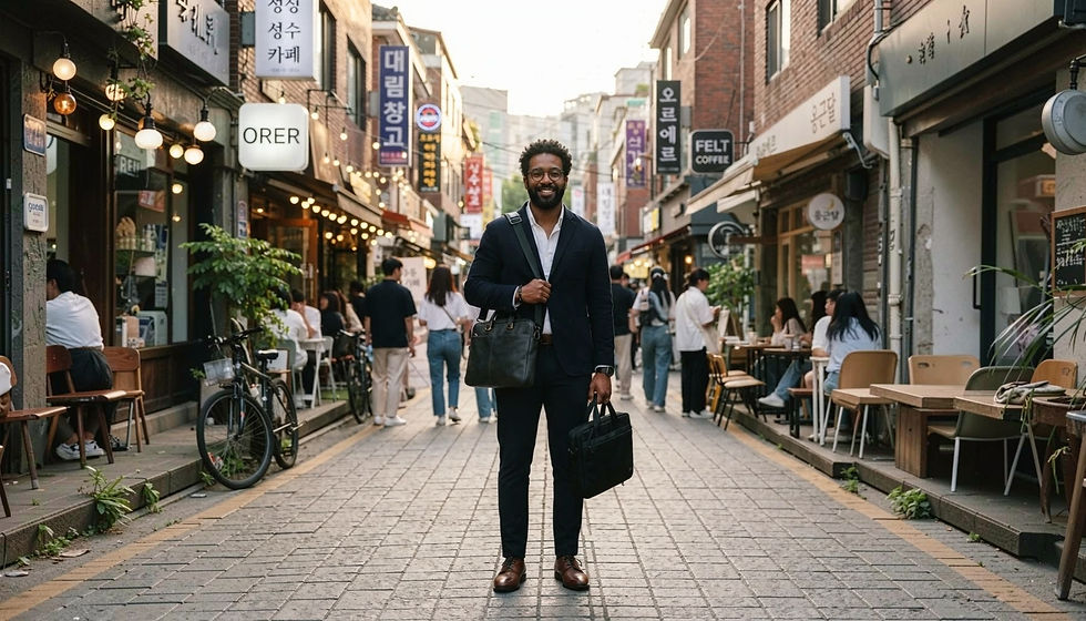 Black expat on a cafe street in Seongsu-dong, Seoul