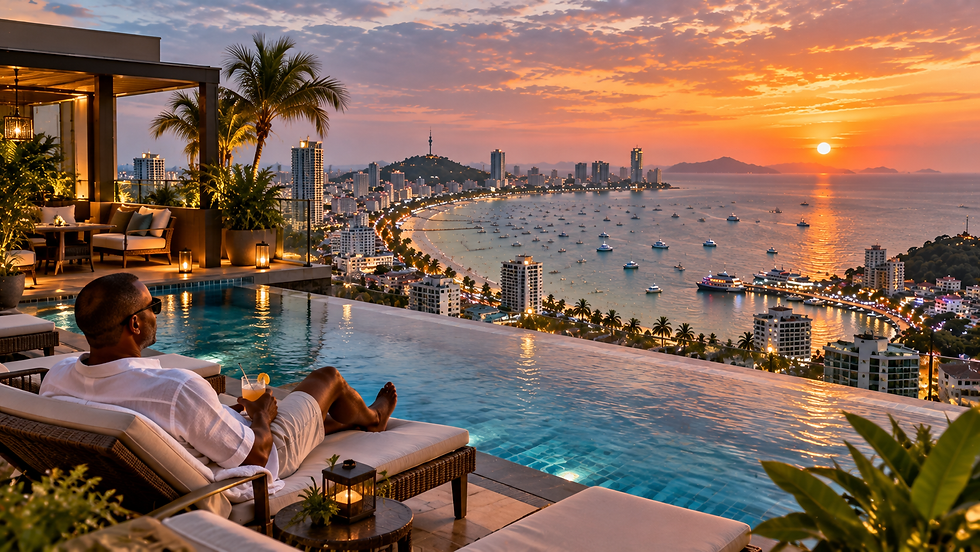 Black traveler relaxing at an upscale hotel near Walking Street Pattaya overlooking Pattaya Bay