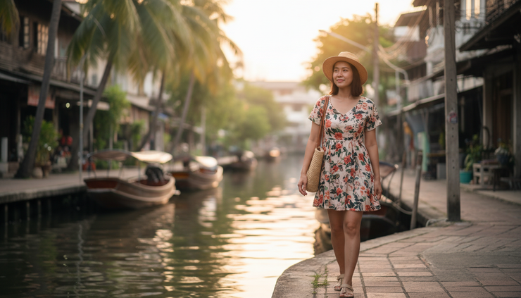 Eye-level view of a Thai woman walking along a quiet canal path at golden hour