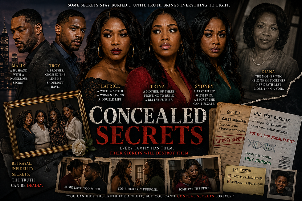 Concealed Secrets movie poster featuring Latrice, Trina, Sydney, Malik, and Troy, with family photographs, DNA test results, an autopsy report, betrayal, infidelity, hidden paternity, grief, and family conflict.