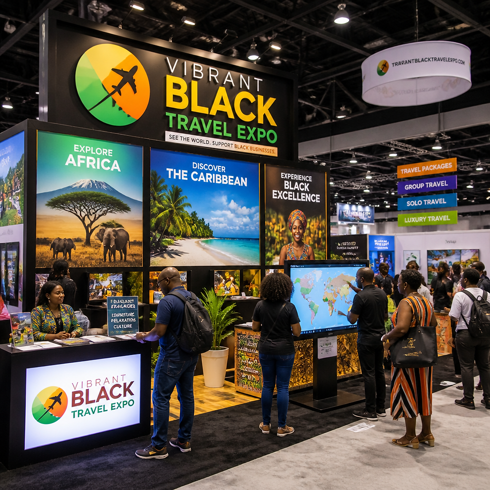 Vendor booth at an Atlanta Black Travel Expo with destination displays and attendees