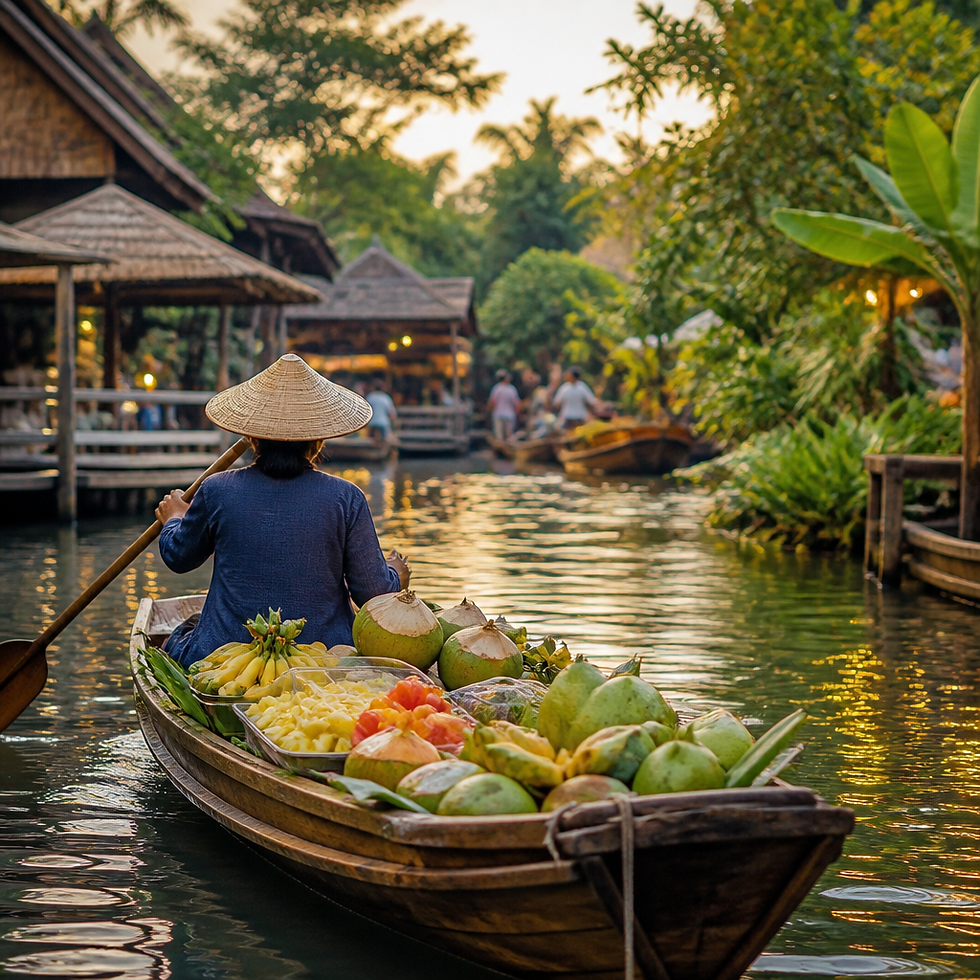 Wooden boats loaded with tropical fruit at a waterfront market, part of Pattaya's local markets along the canal.