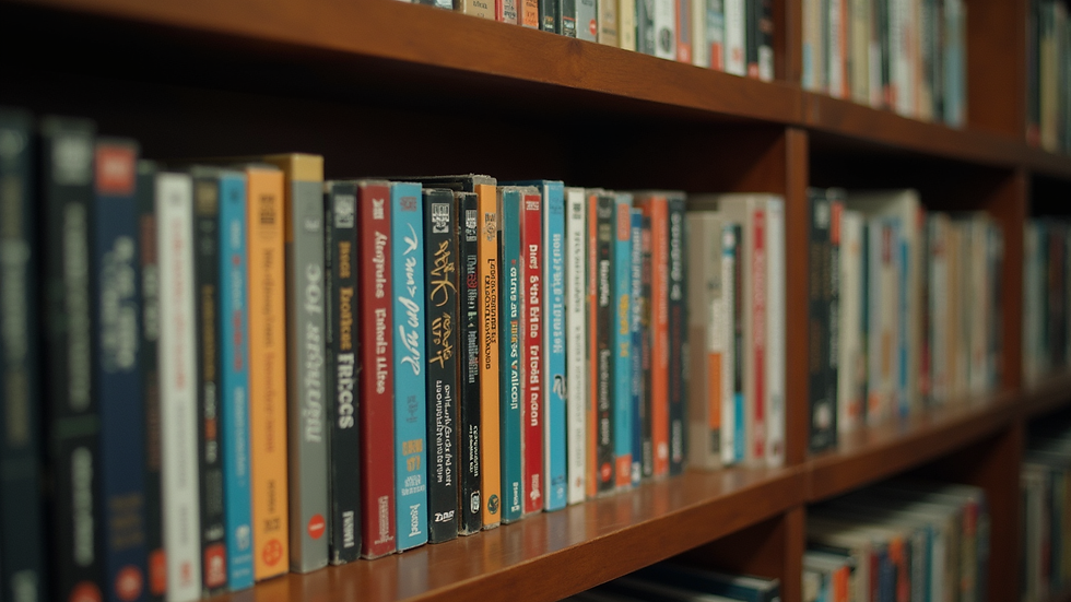 Eye-level view of a vintage DVD collection on a wooden shelf