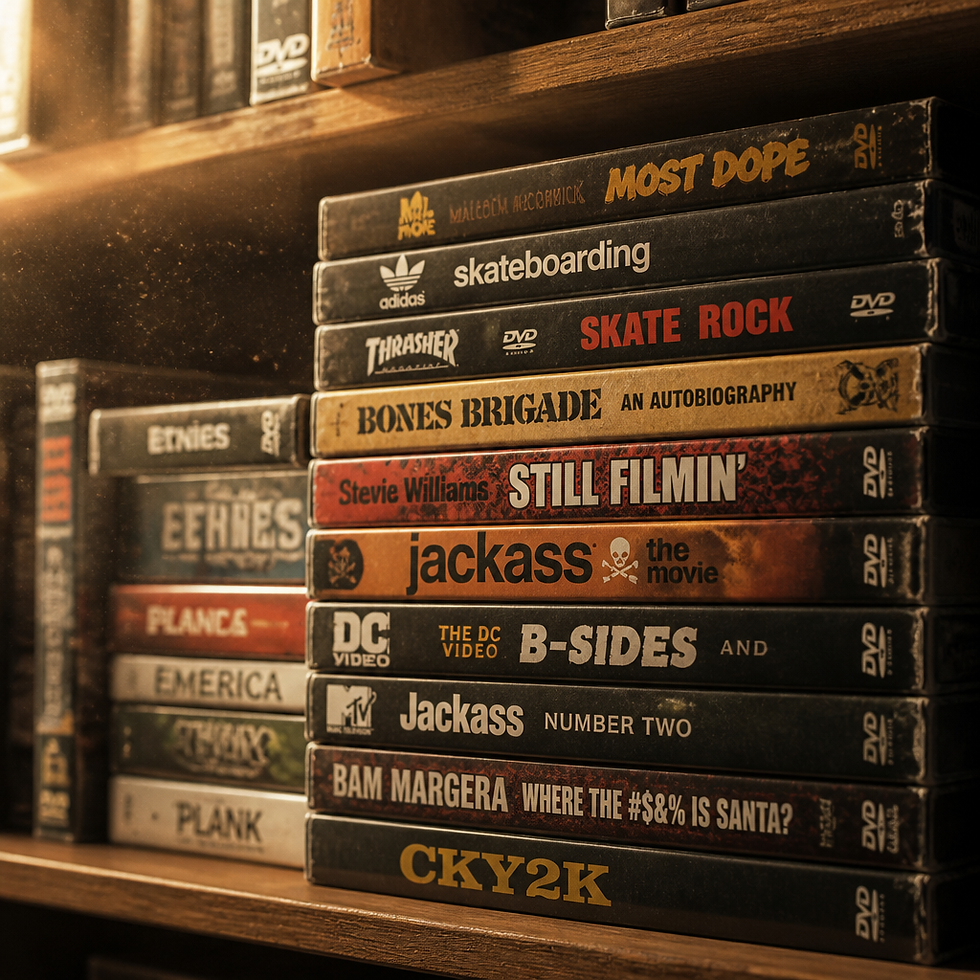 Vintage street DVD collection on shelves with worn cases from 2000s era