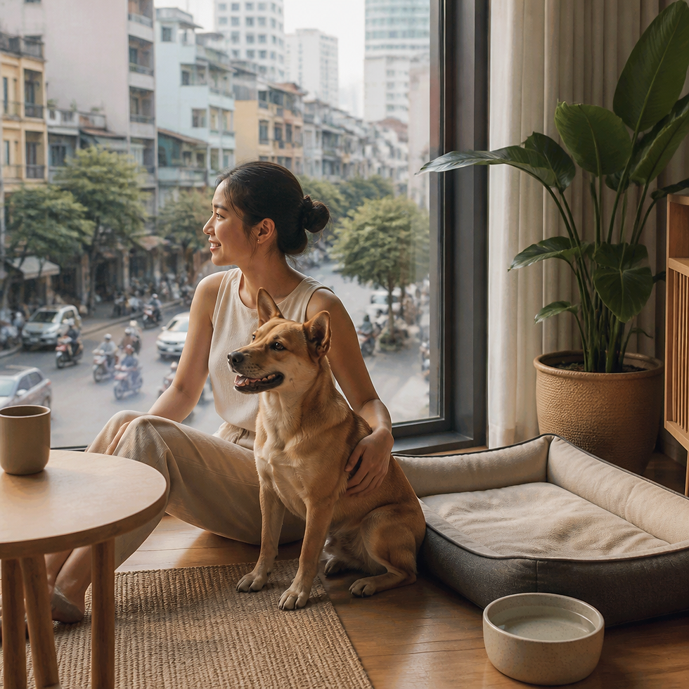 Dog in a pet-friendly apartment in Saigon with city views
