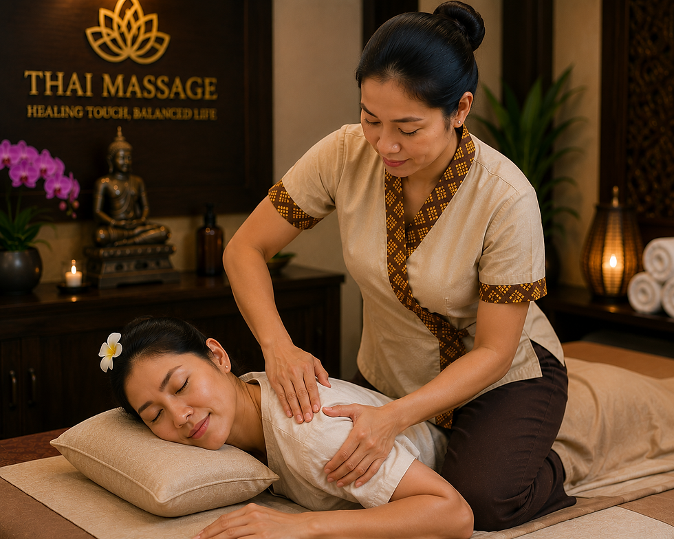 Licensed Thai massage therapist working on shoulder muscles during a traditional Thai massage in a clean, professional massage clinic.