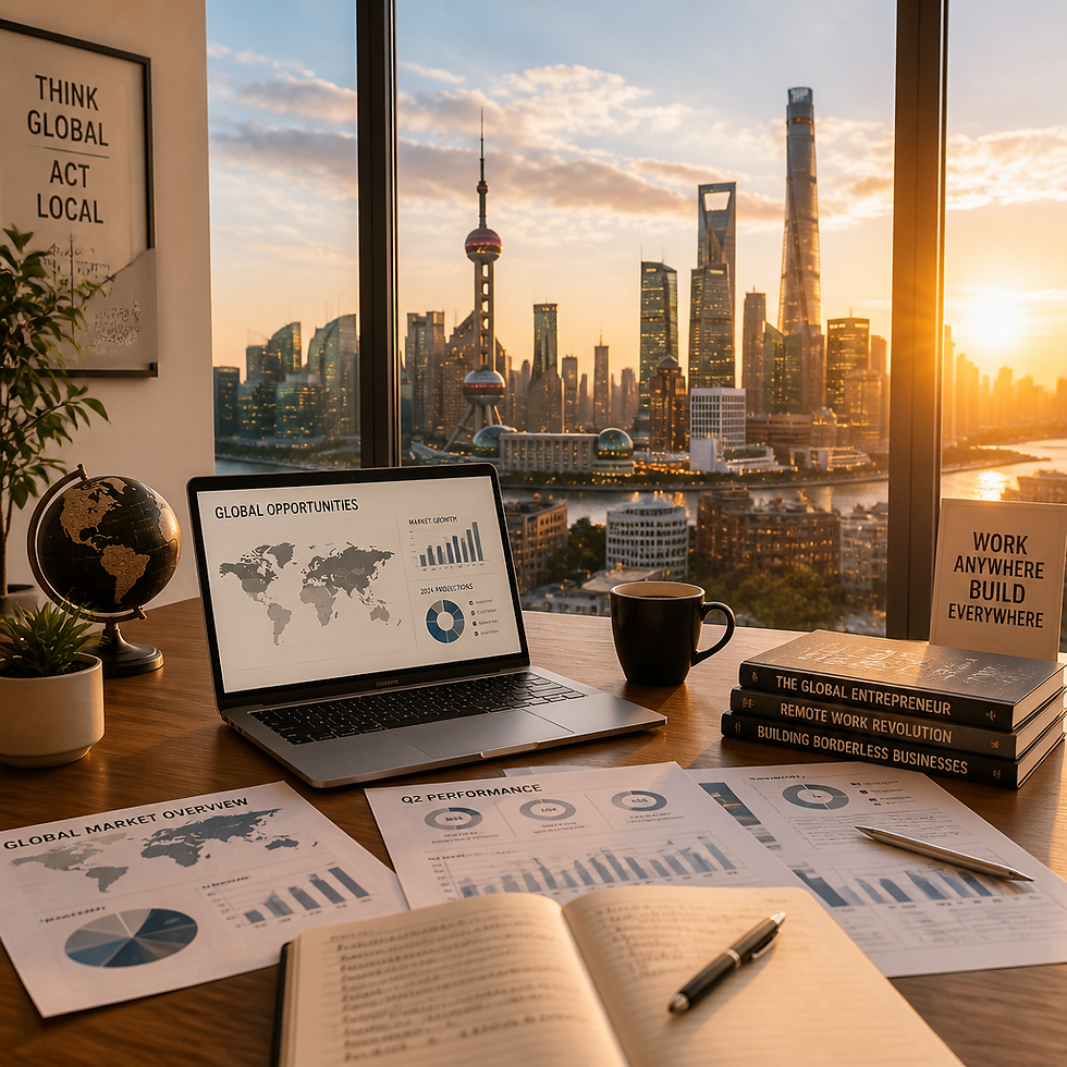 Modern international business workspace with laptop and city views
