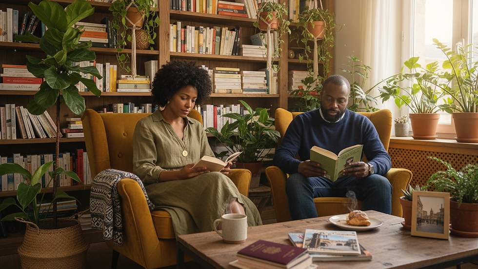 Close-up view of a cozy living room with plants and books, symbolizing a welcoming home