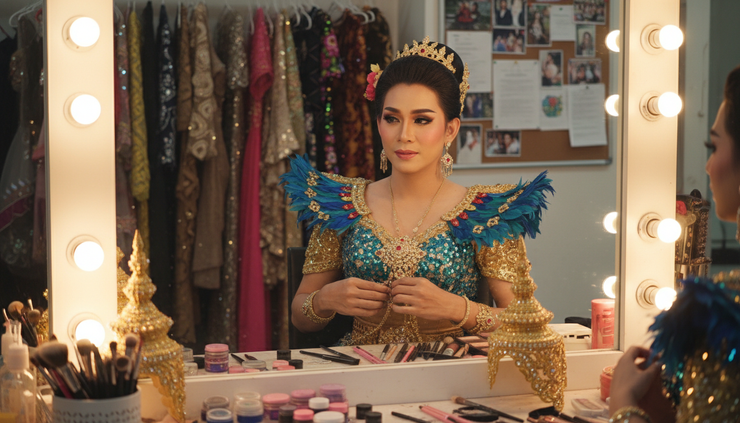 Medium shot of an adult Thai transgender performer preparing backstage before a cabaret show.