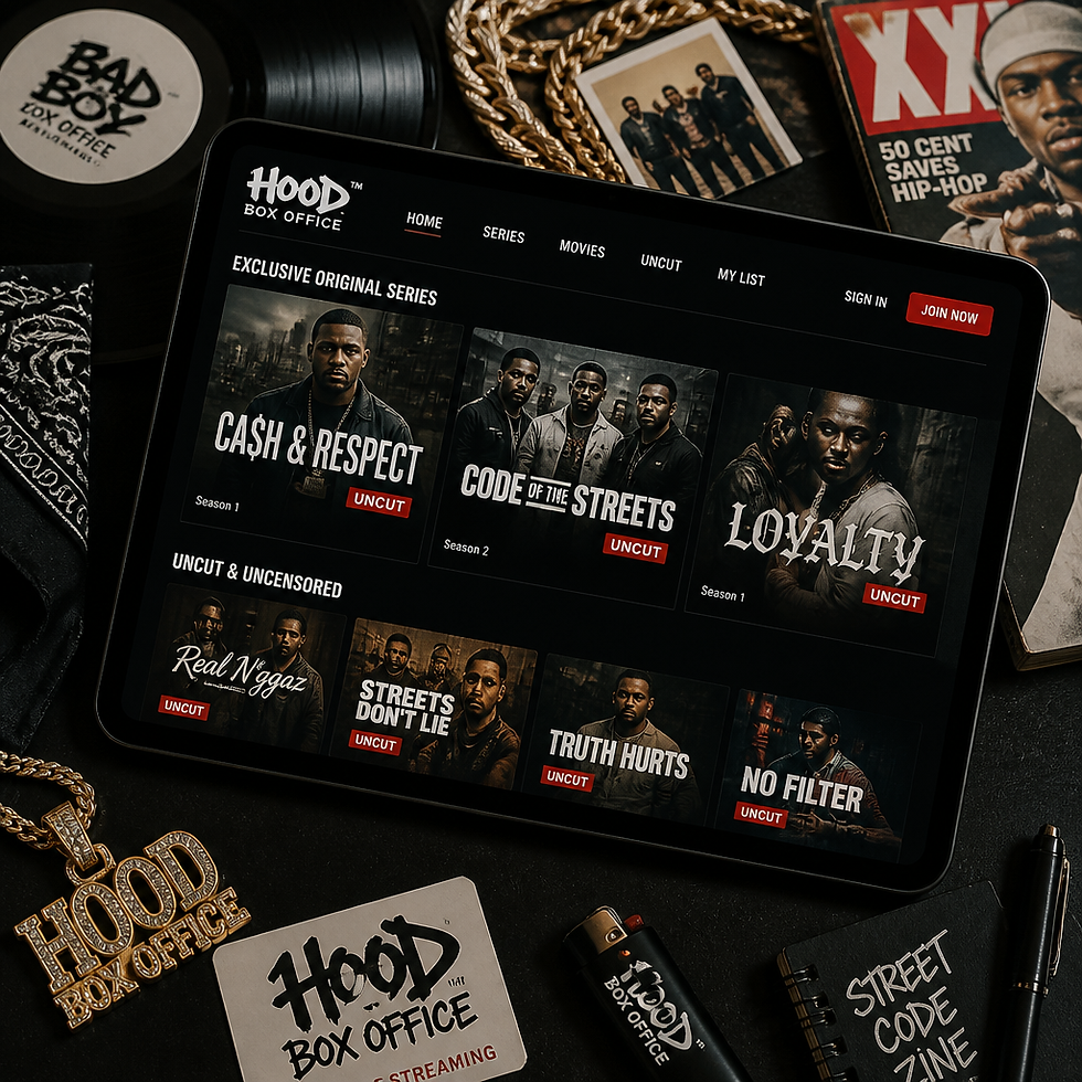 Hood Box Office streaming platform displayed on device with hip-hop and street culture items