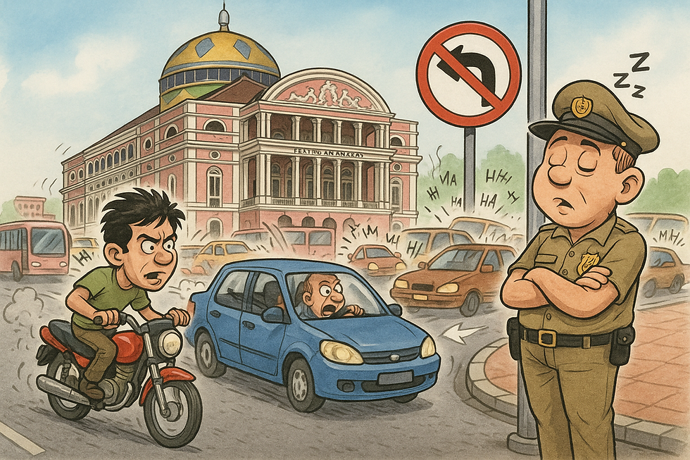 Ilustração em estilo caricatura mostrando um trânsito caótico em frente ao Teatro Amazonas, em Manaus. À esquerda, um motociclista irritado anda sem capacete e com uma moto sem placa. Ao centro, um carro azul faz uma conversão proibida, com o motorista assustado. Ao fundo, vários carros buzinam em meio a engarrafamento. À direita, um oficial da lei cochila em pé com os braços cruzados, ignorando a situação. Há uma placa de proibido virar à esquerda próxima ao policial.