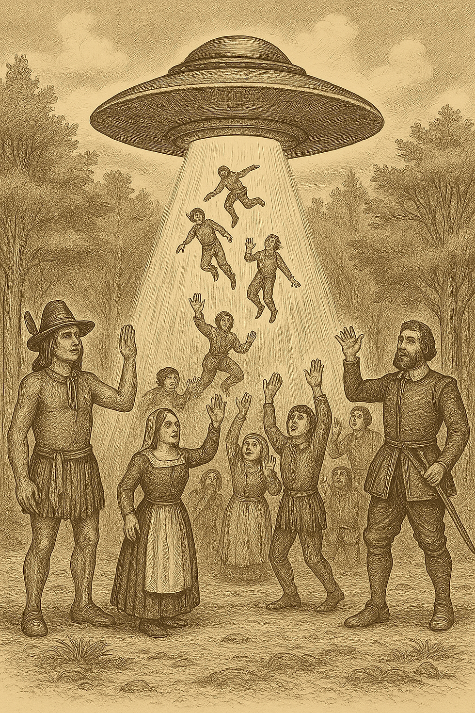 Sepia illustration of people in medieval attire waving at a UFO. Children are levitating into the spacecraft's beam. Forest background. Mood: amazed.