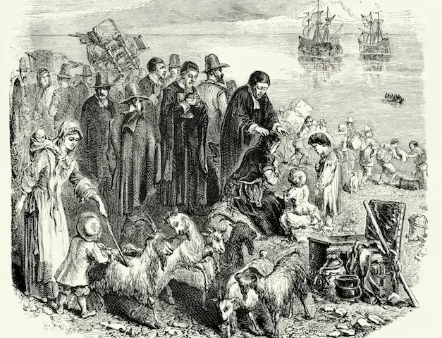 Pilgrim group with livestock on rocky shore, people tending to children, ships in the sea, depicting a historical voyage scene. Monochrome illustration.