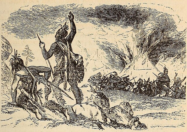Warriors with spears advance towards burning tents. Smoke fills the sky, creating a tense and dramatic scene. Sketched illustration style.