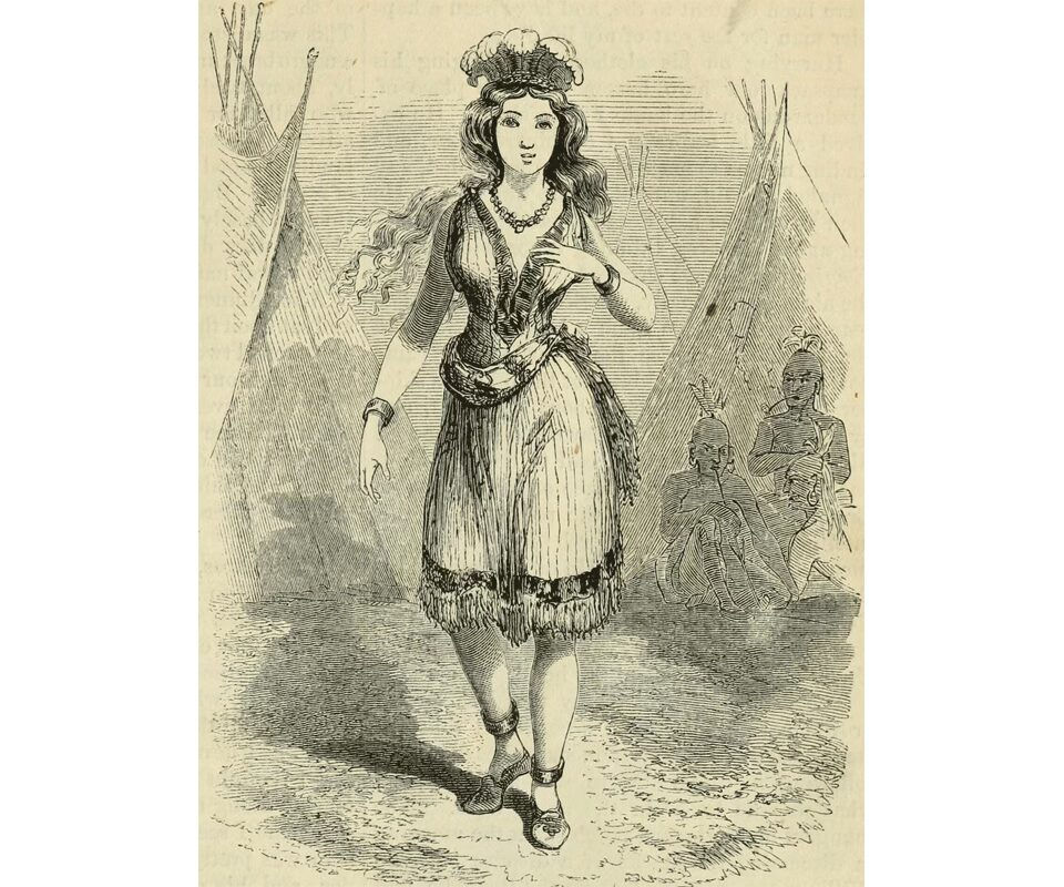 Female dancer in intricate dress with headpiece, performs in front of spectators near teepees. Illustration, detailed and expressive.