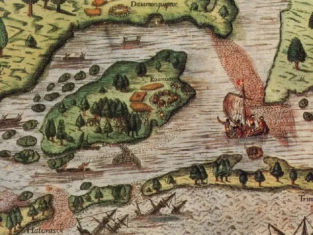 Historical map showing Roanoke Island with a sailing ship on the water. Lush green islands, labeled areas, and shipwrecks in view.