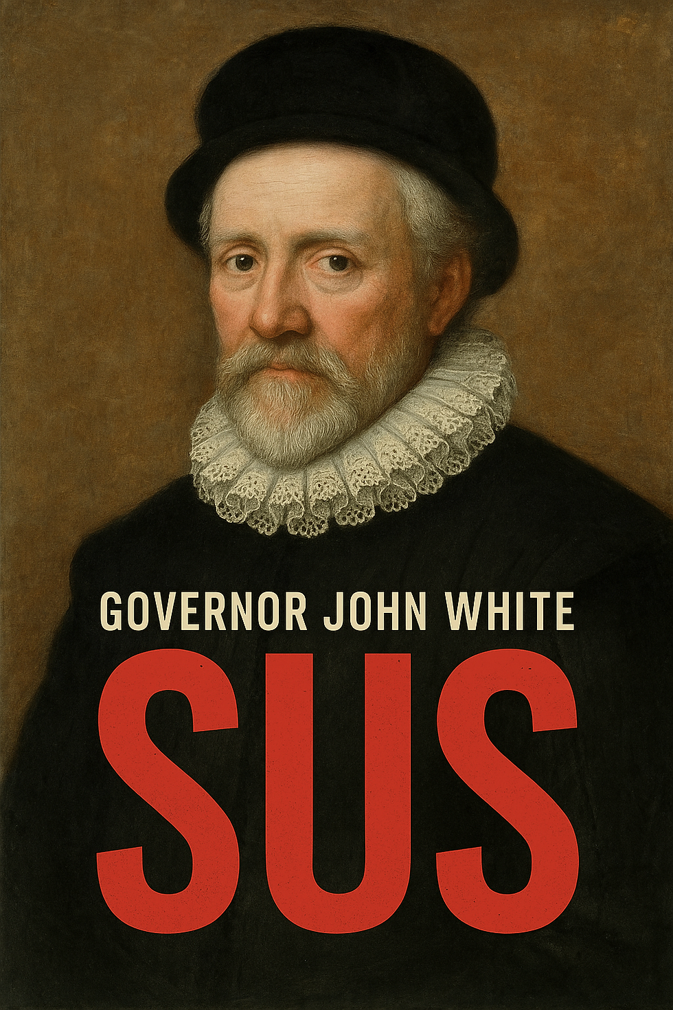 Portrait of a bearded man in a black outfit and ruffled collar. Text reads "Governor John White SUS" in bold letters over a brown background.
